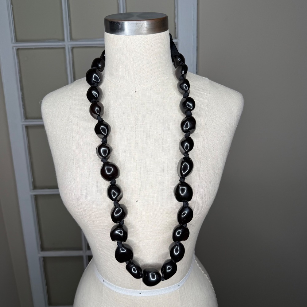 Hawaiian Kukui Nut Necklace Black Grosgrain Ribbon Tie Hawaiian Women's Tropical